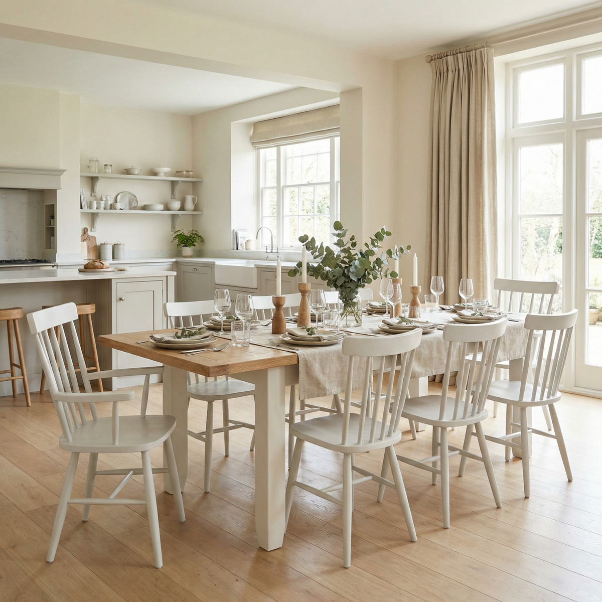 Burford 8 Seat Extending Dining Set with Spindleback Dining and Armchairs in Warm White