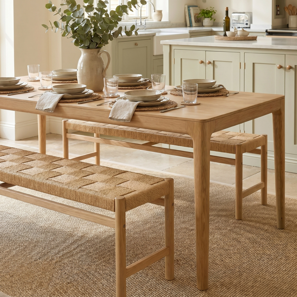 Marlow 8 Seat Dining Set with Woven Benches in Light Oak