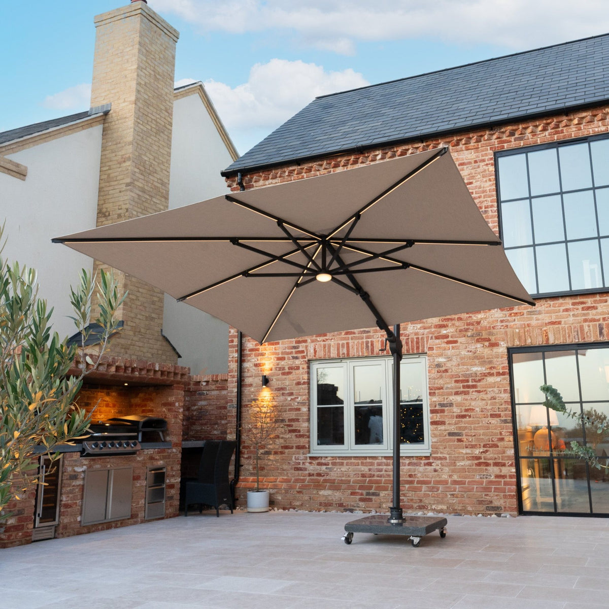 Volos 3m x 3m Square Cantilever Parasol with LED Lighting and 120kg Granite Base in Wheat