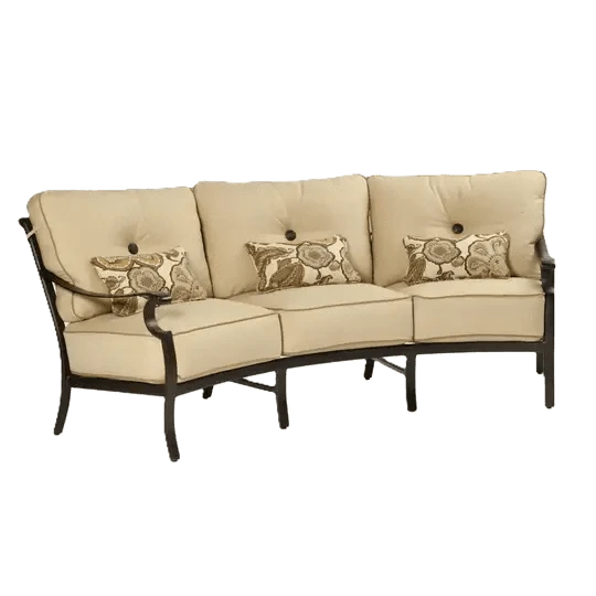 Castelle Monterey Cushioned Crescent Sofa in Antique Dark Rum Finish with Chartres Malt Cushions and Esti Birch Pillows