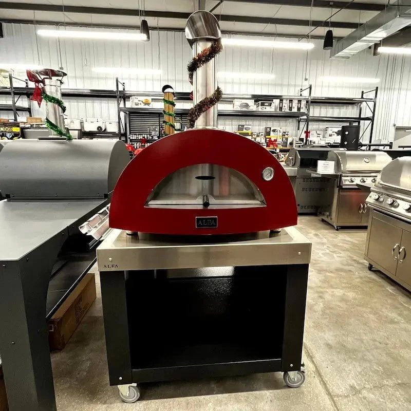 Local Special, Alfa Moderno 2 Pizze Wood Fired Pizza Oven, Antique Red, on Multifunctional Cart