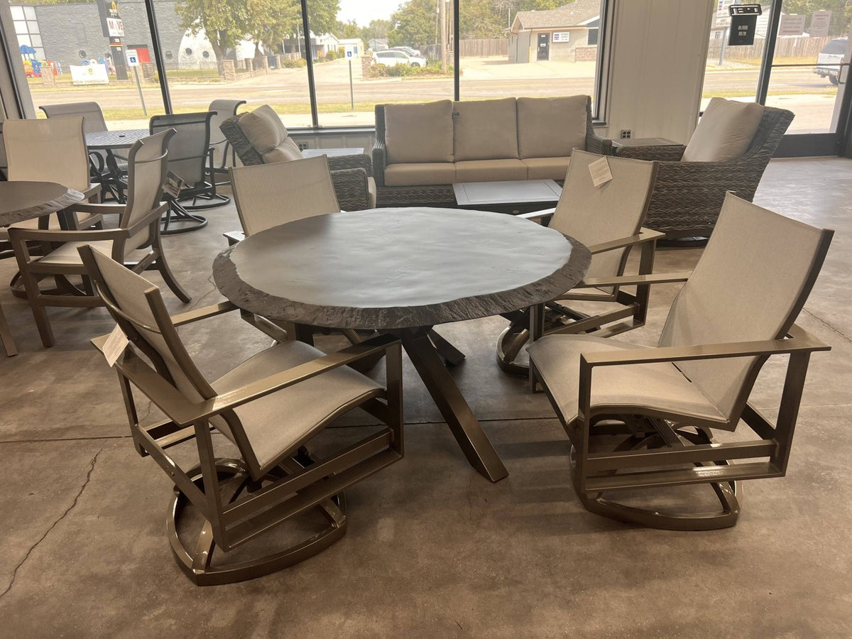 Local Special: Castelle Park Place Dining Chairs with Jasmine Finish and 54" Altra Round Dining Table with Live Edge Top and Jasmine Finish