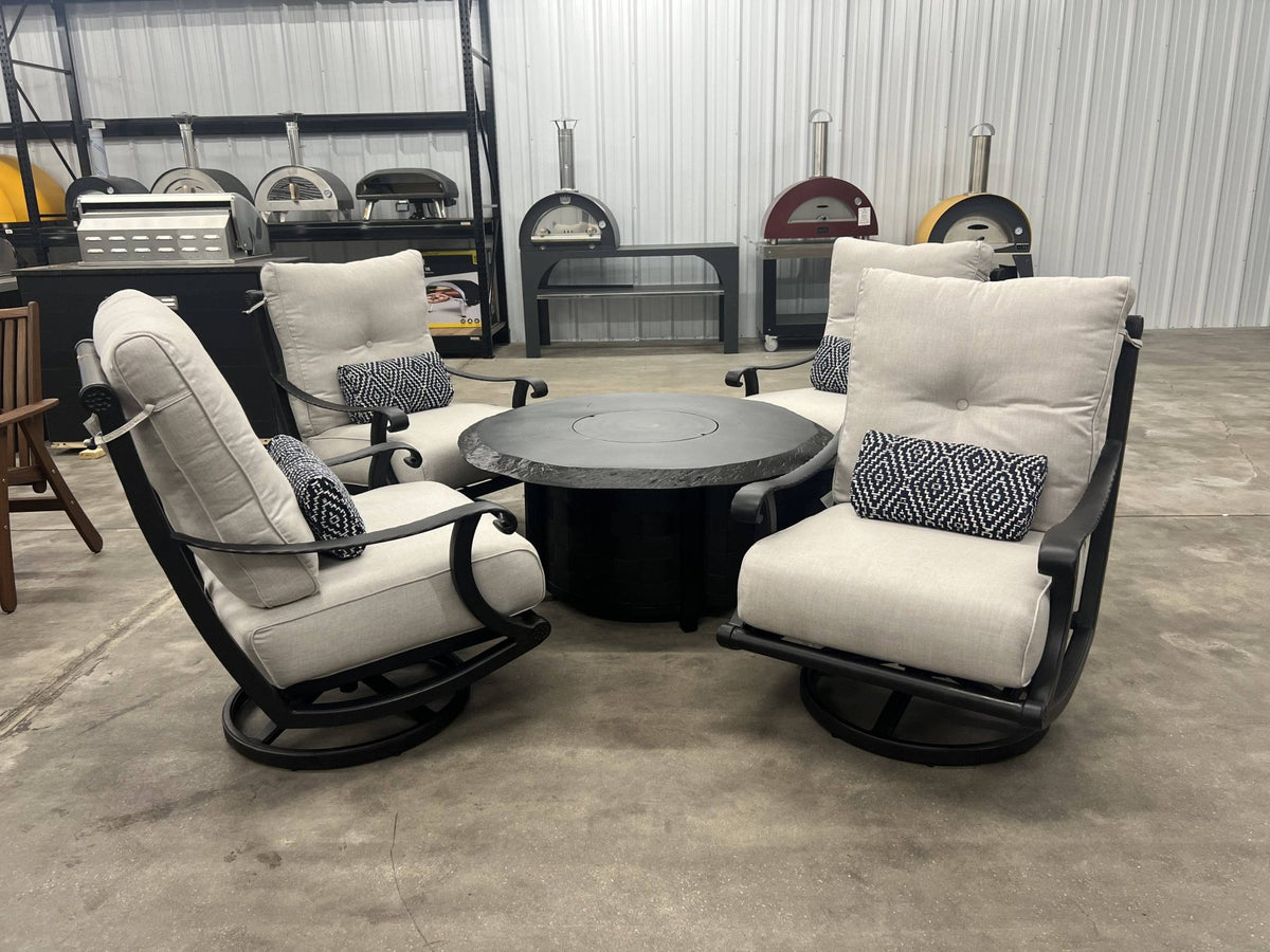 Local Special: Castelle Telluride High Back Swivel Rockers in Antique Dark Rum with Idol Seagull Cushions and Castelle Classical 49" Fire Pit