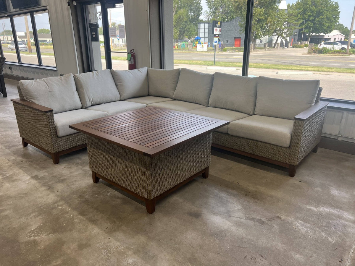 Local Special: Jensen Coral Sectional in Natural Weave with Premier Fog Fabric and Square Chat Table