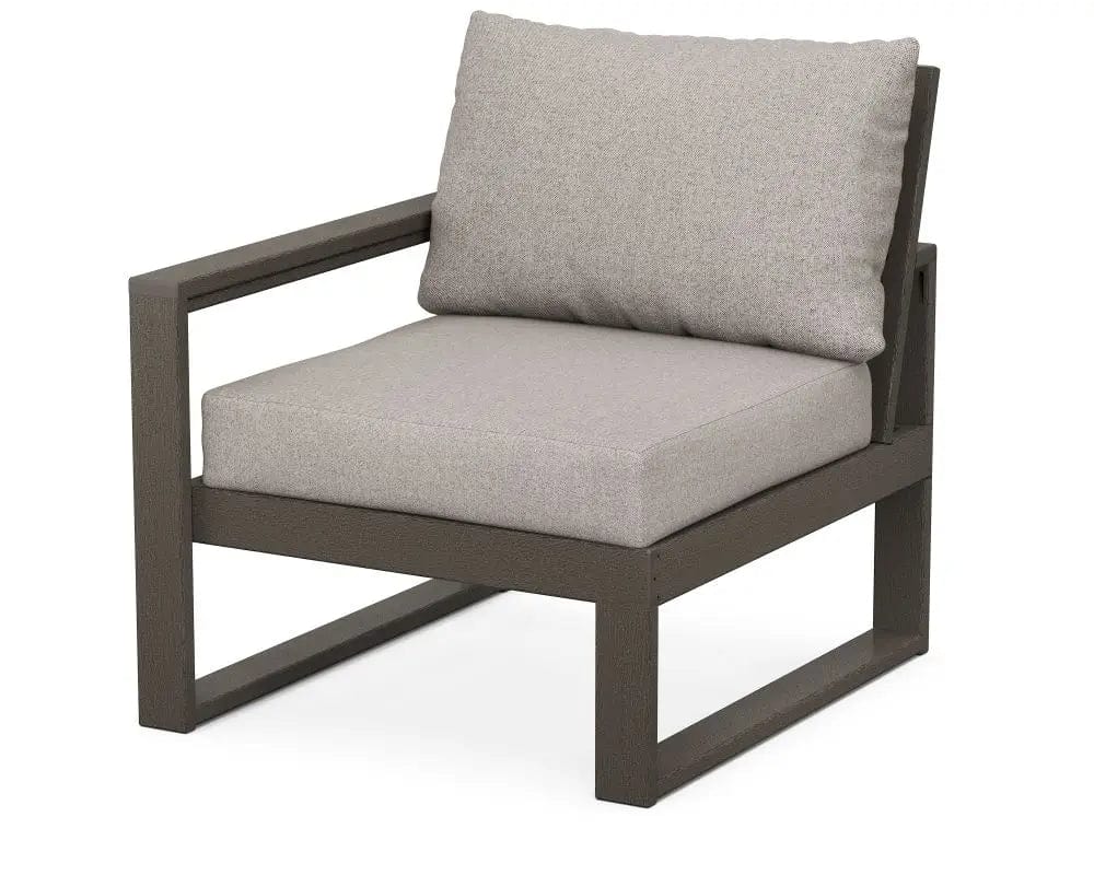 POLYWOOD Edge Modular Left Arm Chair in Vintage Coffee with Weathered Tweed Cushion