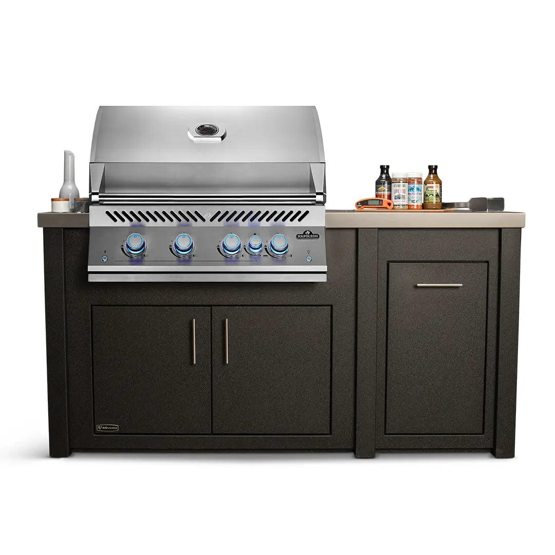 All Things BBQ Custom 71″ Graphite Kitchen Island with Concrete Top & Napoleon Stainless BBQ Grill