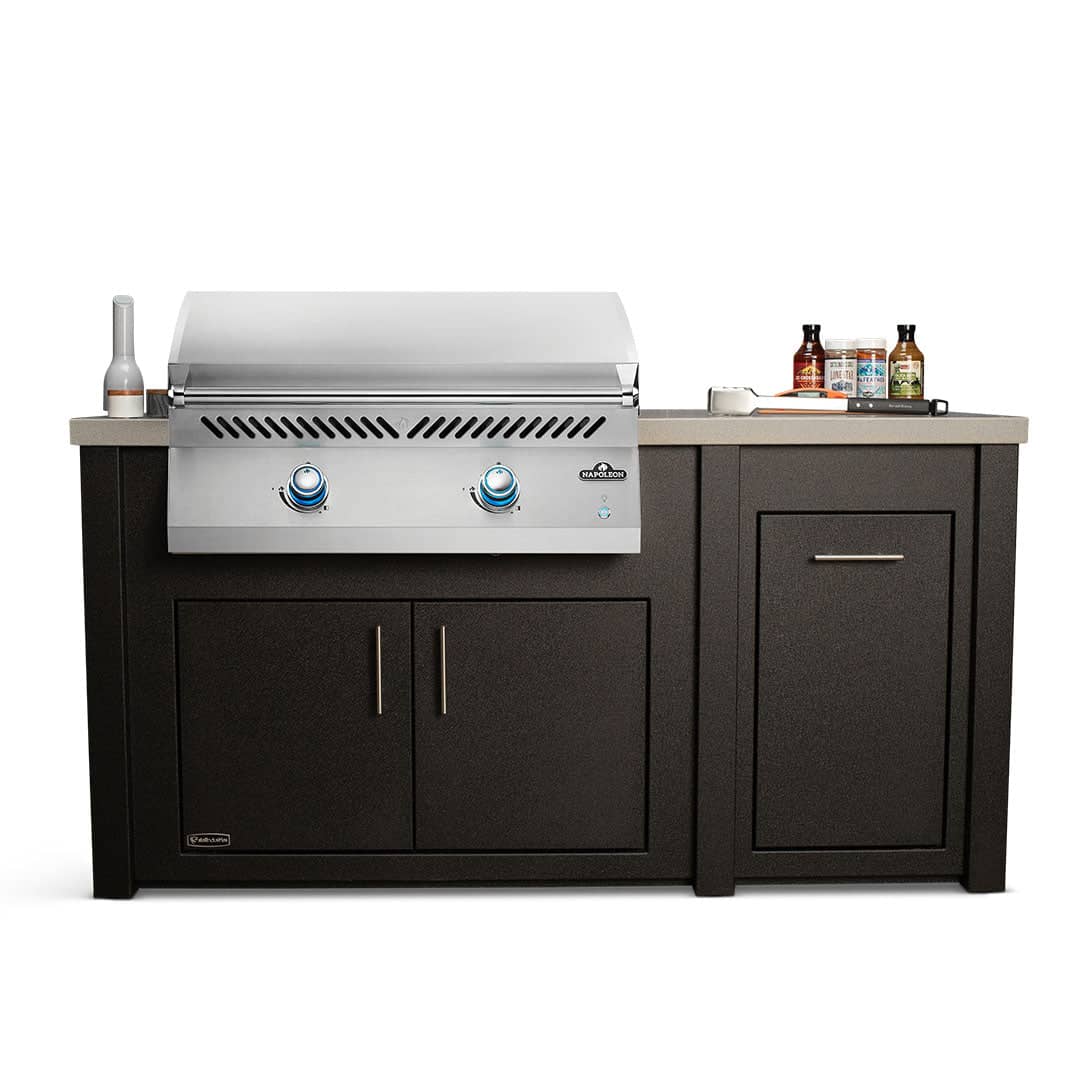 All Things BBQ Custom 71" Grill Island with Napoleon BIG32FT Griddle — Graphite Cabinet, Granite Style Countertop