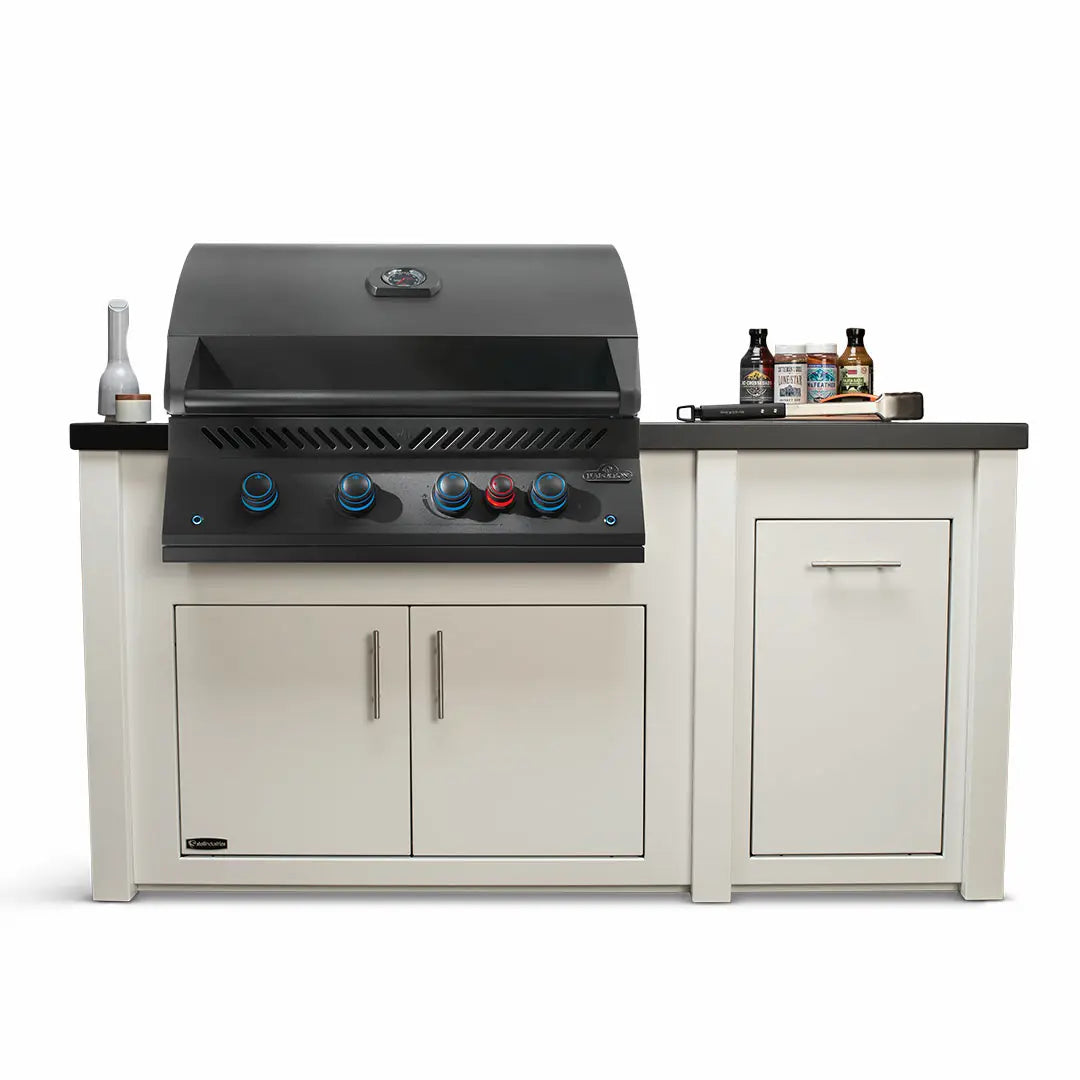 All Things BBQ Custom 71" Grill Island with Napoleon BIG32RB BBQ Grill Matte Black - White Cabinet with Darkened Iron Countertop