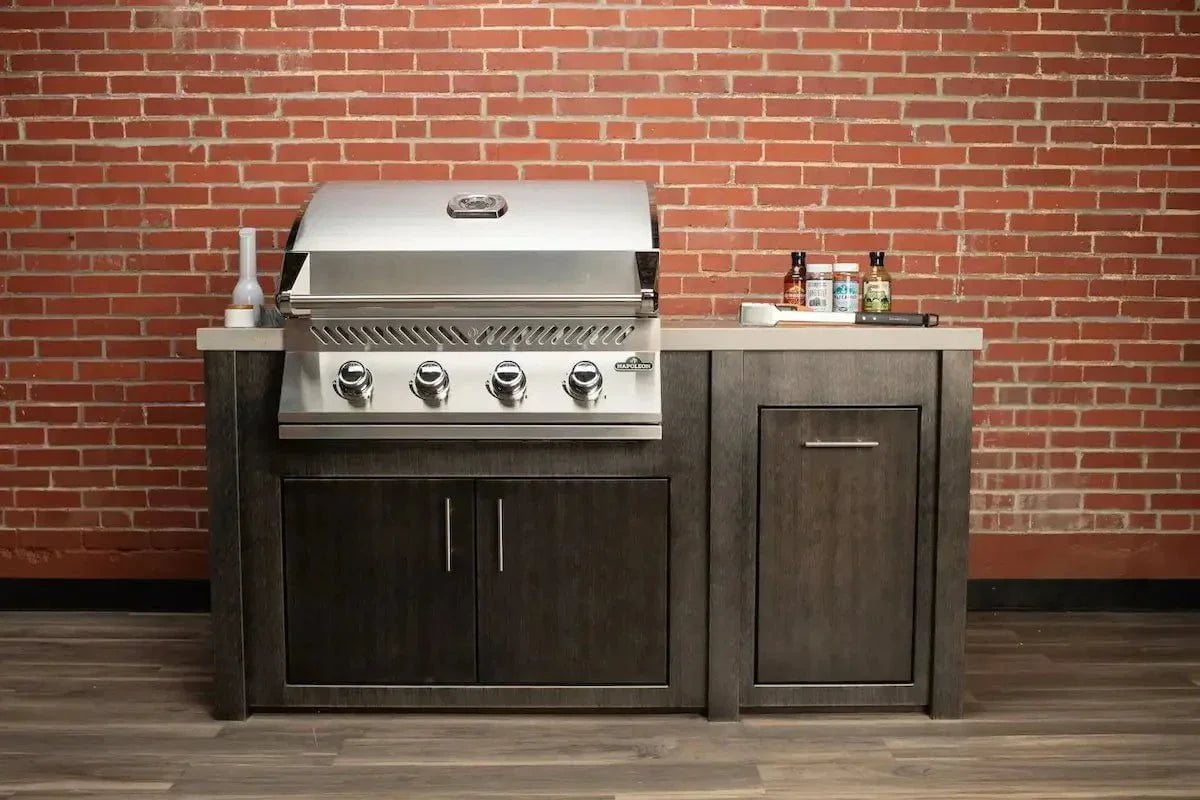 All Things BBQ Custom 71” Pre-Assembled Outdoor Kitchen Island + Napoleon BI32 Prestige Grill Head, Brushed Black with Granite Style Top