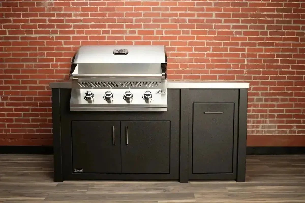 All Things BBQ Custom 71” Pre-Assembled Outdoor Kitchen Island + Napoleon BI32 Prestige Grill Head, Graphite with Brushed Stainless Top