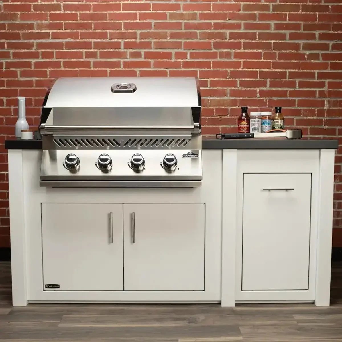 All Things BBQ Custom 71” Pre-Assembled Outdoor Kitchen Island + Napoleon BI32 Prestige Grill Head, White Cabinet with Darkened Iron Top