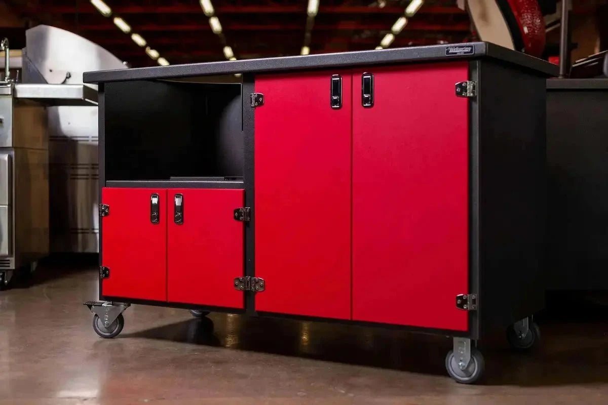 Wellspring Alpha Series Grill Cabinet for Kamado Joe Big Joe, Silver Vein Frame, Red Doors and Stainless Steel Hardware