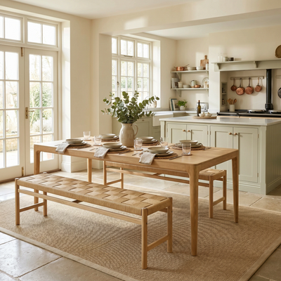Marlow 8 Seat Dining Set with Woven Benches in Light Oak