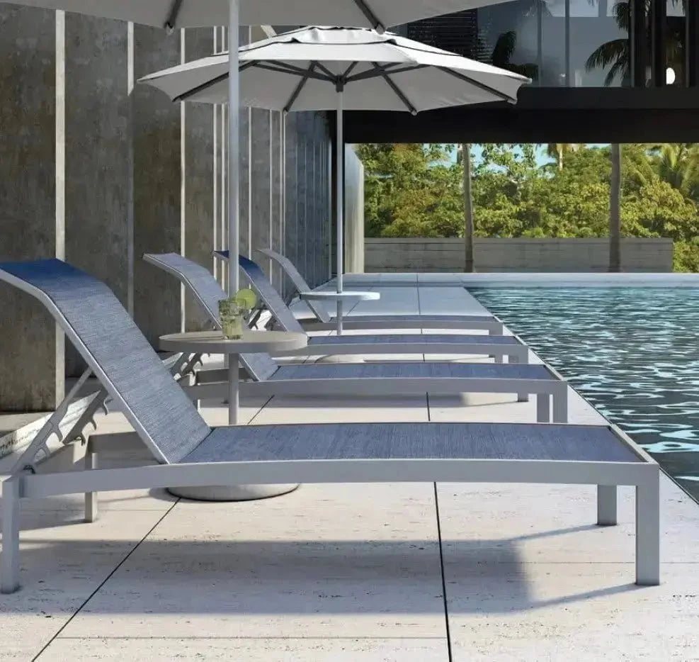 Castelle Orion Adjustable Sling Chaise Lounge with Platinum Tex Finish and Augustine Denim Sling
