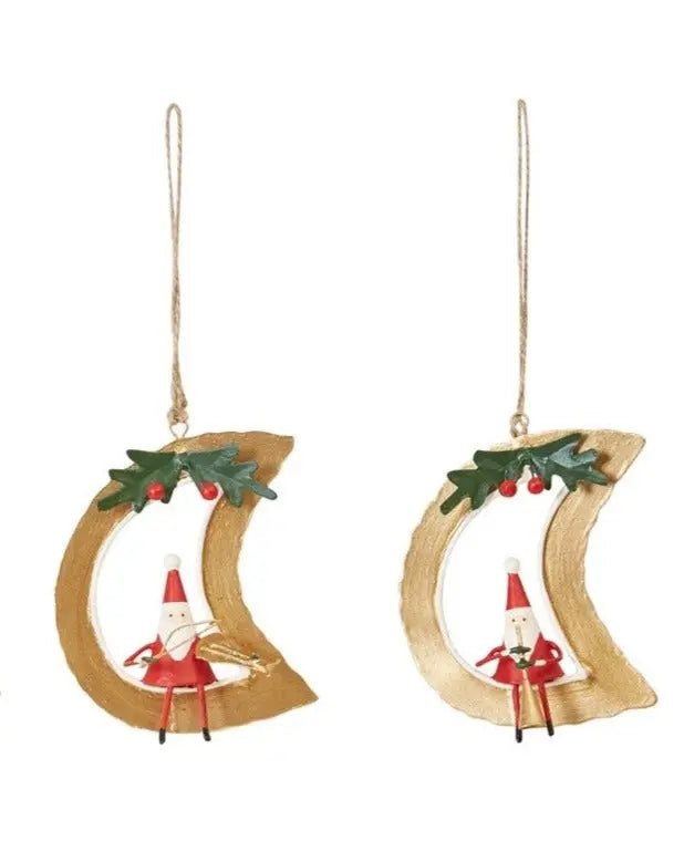 Hand-Painted Tin Santa on Moon Ornament