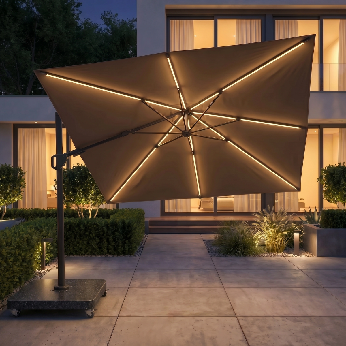 Glow Challenger T2 3m Square Cantilever Parasol in Taupe with 90kg Granite Base