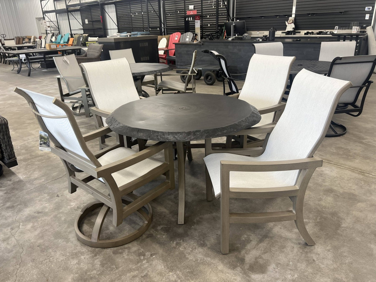 Local Special: Castelle 49" Round Dining Table Live Edge in Weathered Wood Finish with Roma Sling Chairs