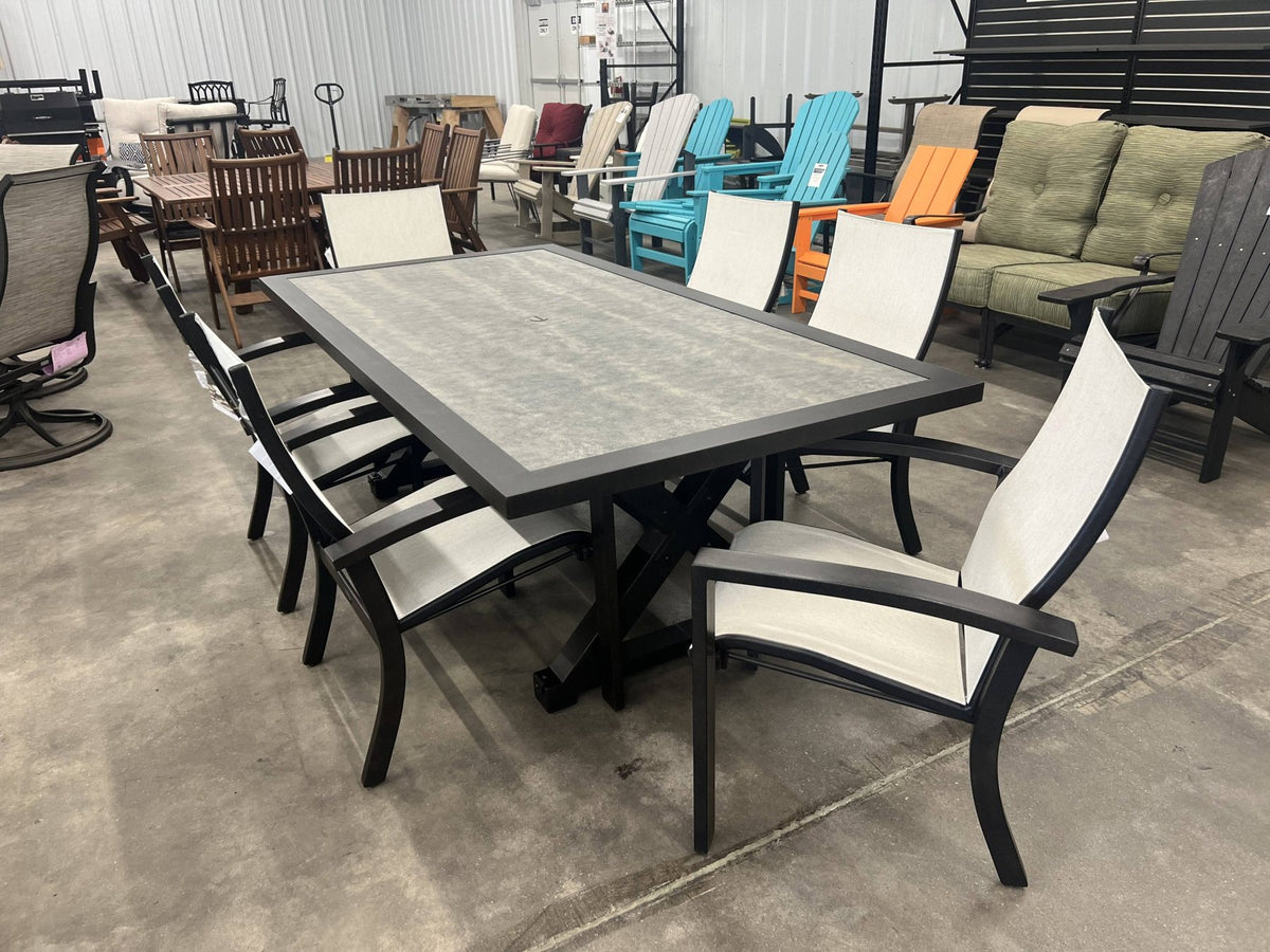 Local Special: Castelle Oxford 44x86 Dining Table with Polaris Slate Top and Antique Dark Rum Base and 6 Orion Sling Dining Chairs in Antique Dark Rum with Augustine Oyster Sling