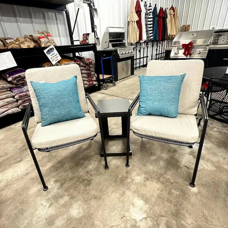 Local Special, Woodard, Madison, 2 Dining Chairs with back &amp; seat cushions + end table, Pewter Finish