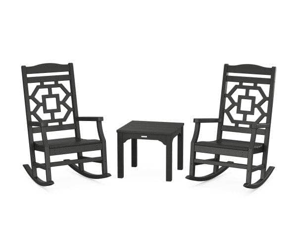 POLYWOOD Chinoiserie 3-Piece Rocking Chair Set in Black
