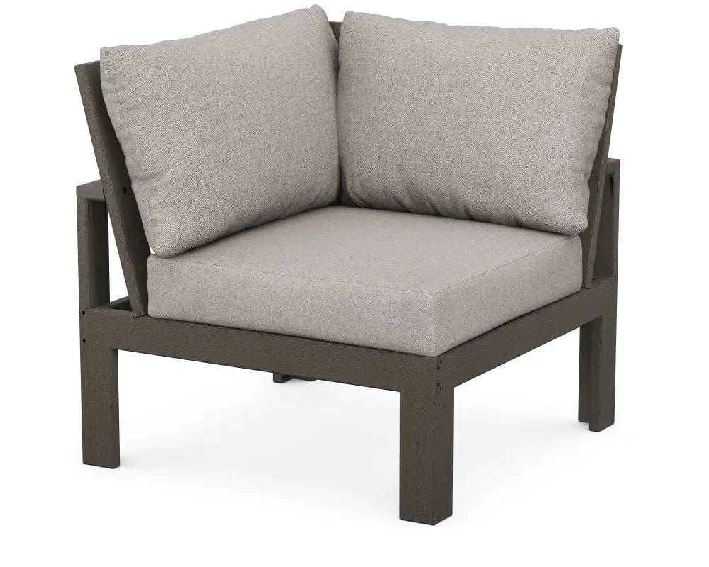 POLYWOOD Edge Modular Corner Chair in Vintage Coffee Finish with Weathered Tweed Cushion