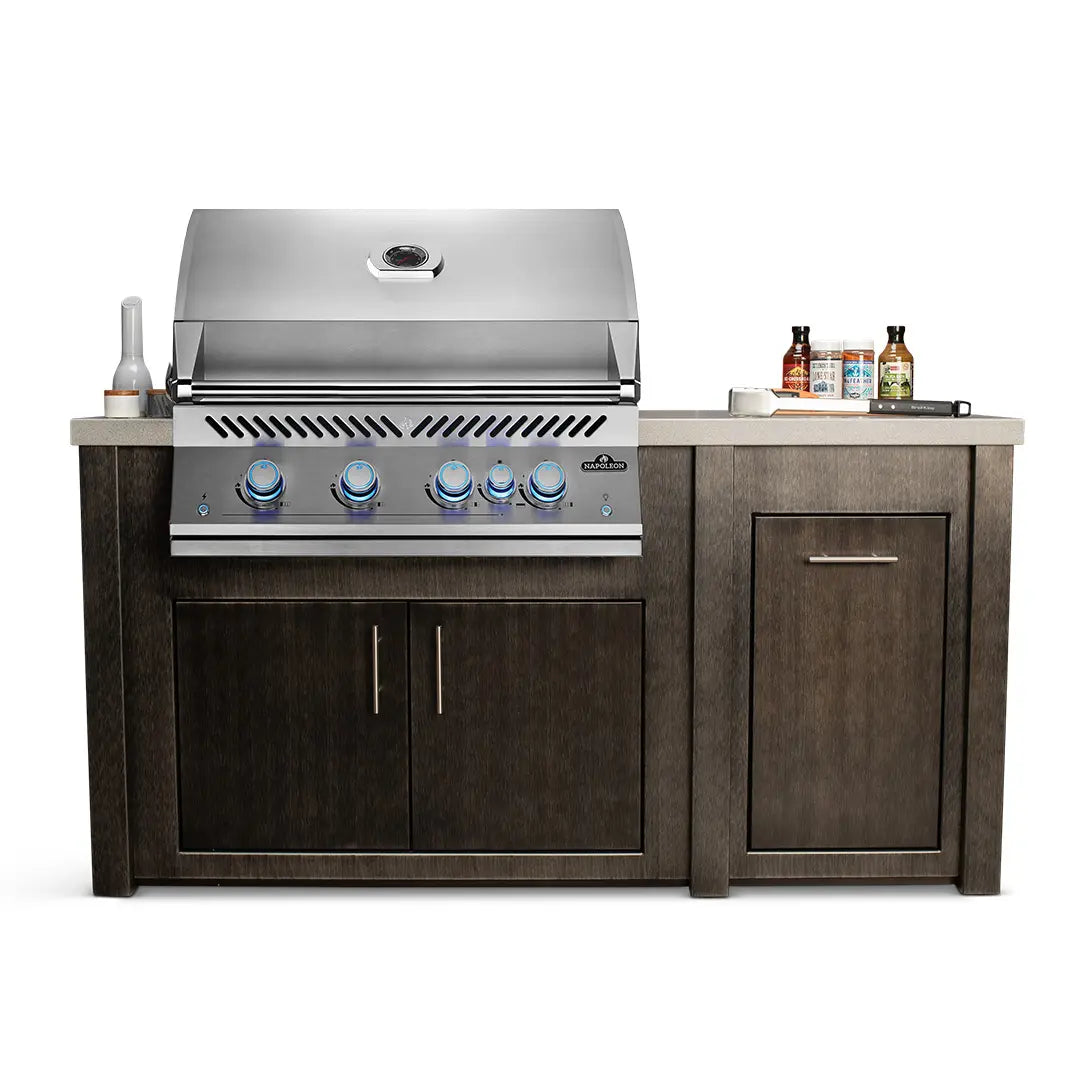All Things BBQ Custom 71″ Brushed Black Outdoor Kitchen Island with Granite & Napoleon Stainless BBQ Grill
