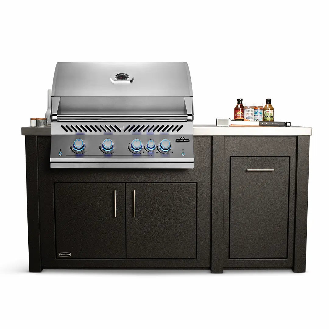 All Things BBQ Custom 71″ Graphite Island with Brushed Stainless Top & Napoleon Stainless BBQ Grill