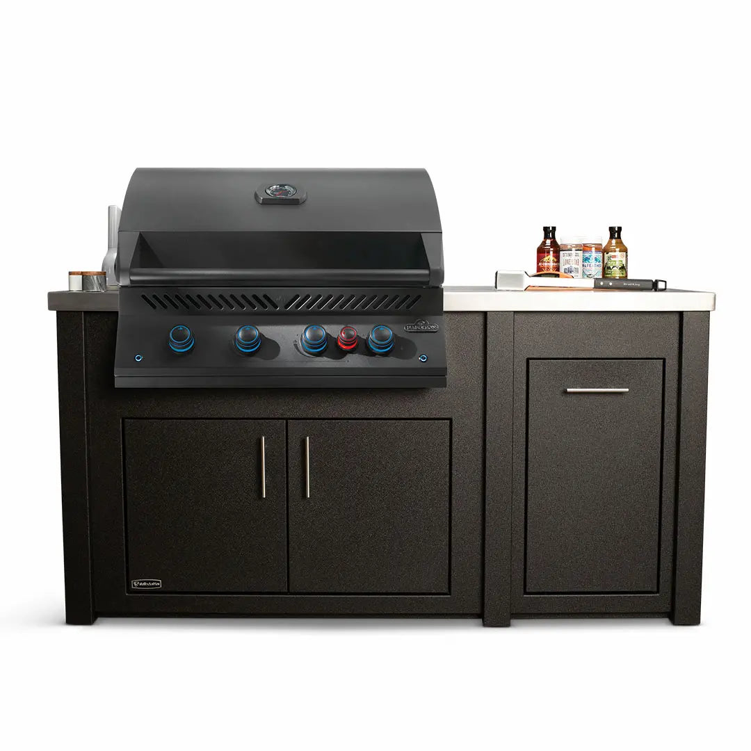 All Things BBQ Custom 71″ Graphite Outdoor Island with Brushed Stainless Top & Napoleon Matte Black BBQ Grill