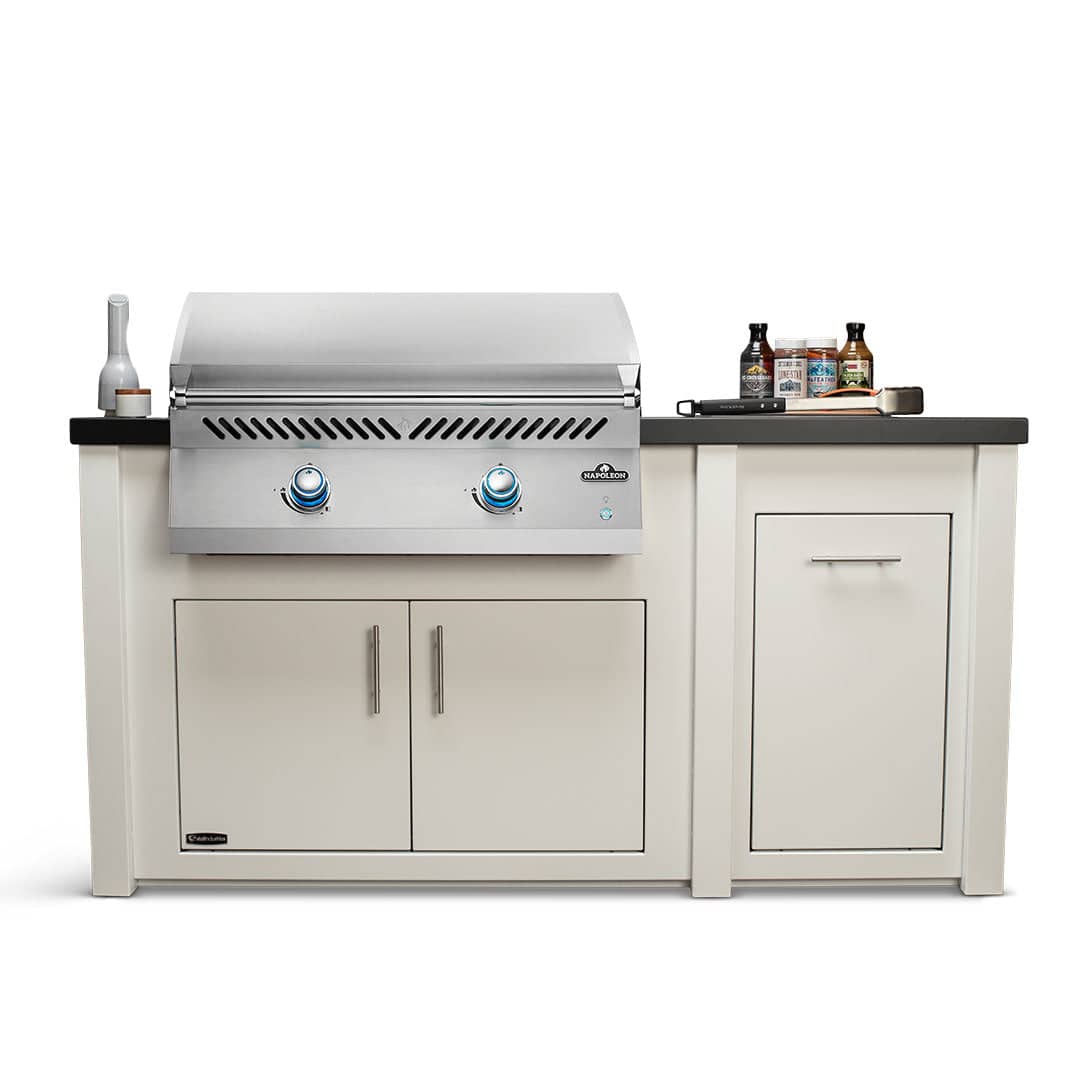 All Things BBQ Custom 71" Grill Island with Napoleon BIG32FT Griddle — White Cabinet with Darkened Iron Countertop