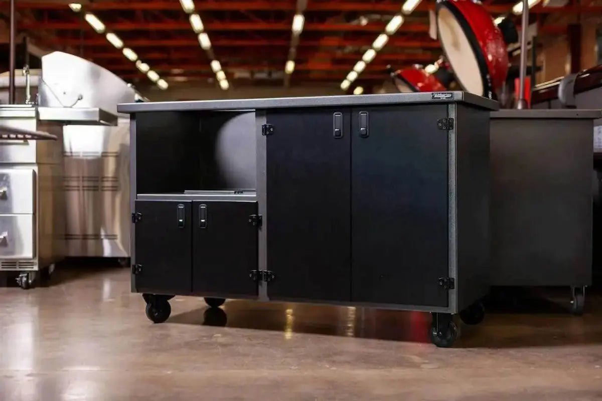 Wellspring Alpha Series Grill Cabinet for Kamado Joe Classic Joe, Silver Vein Frame, Black Doors and Black Hardware