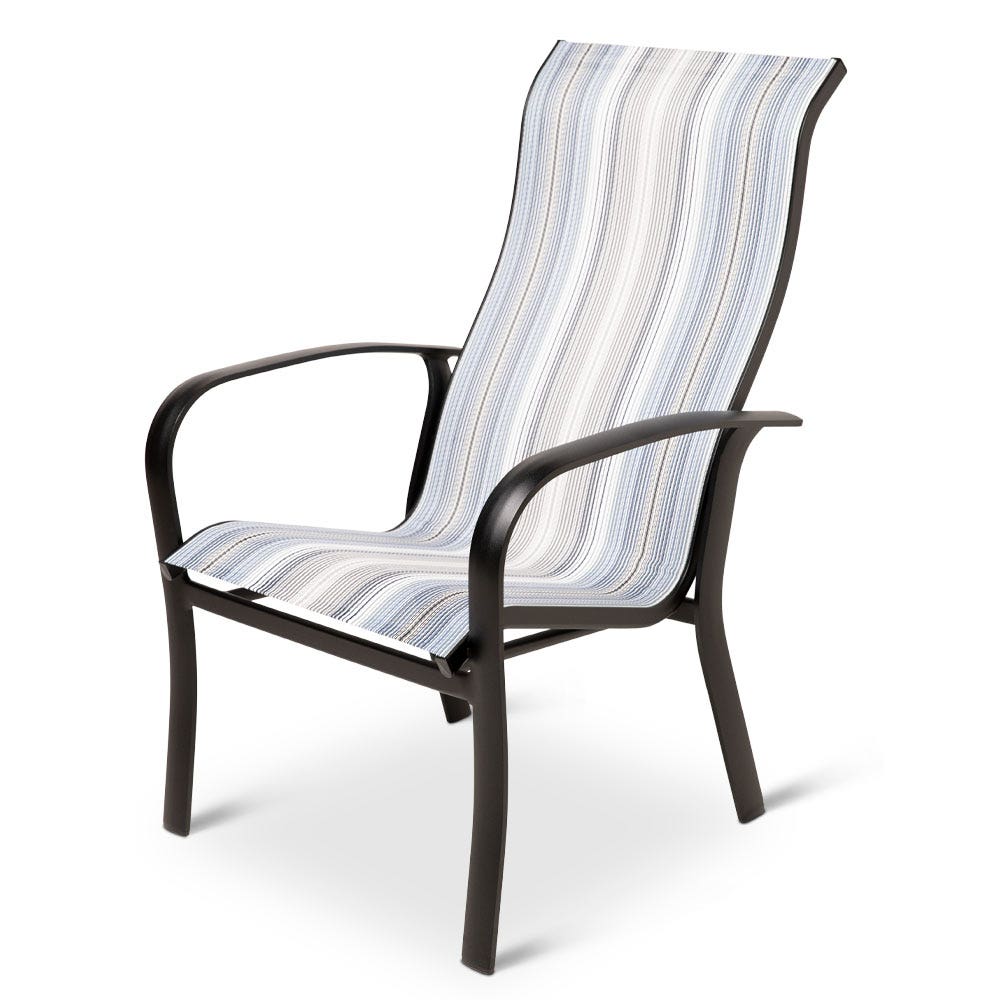 Woodard Fremont High Back Dining Arm Chair in Textured Black Finish with Daytripper Stripe Sling - Set of 2